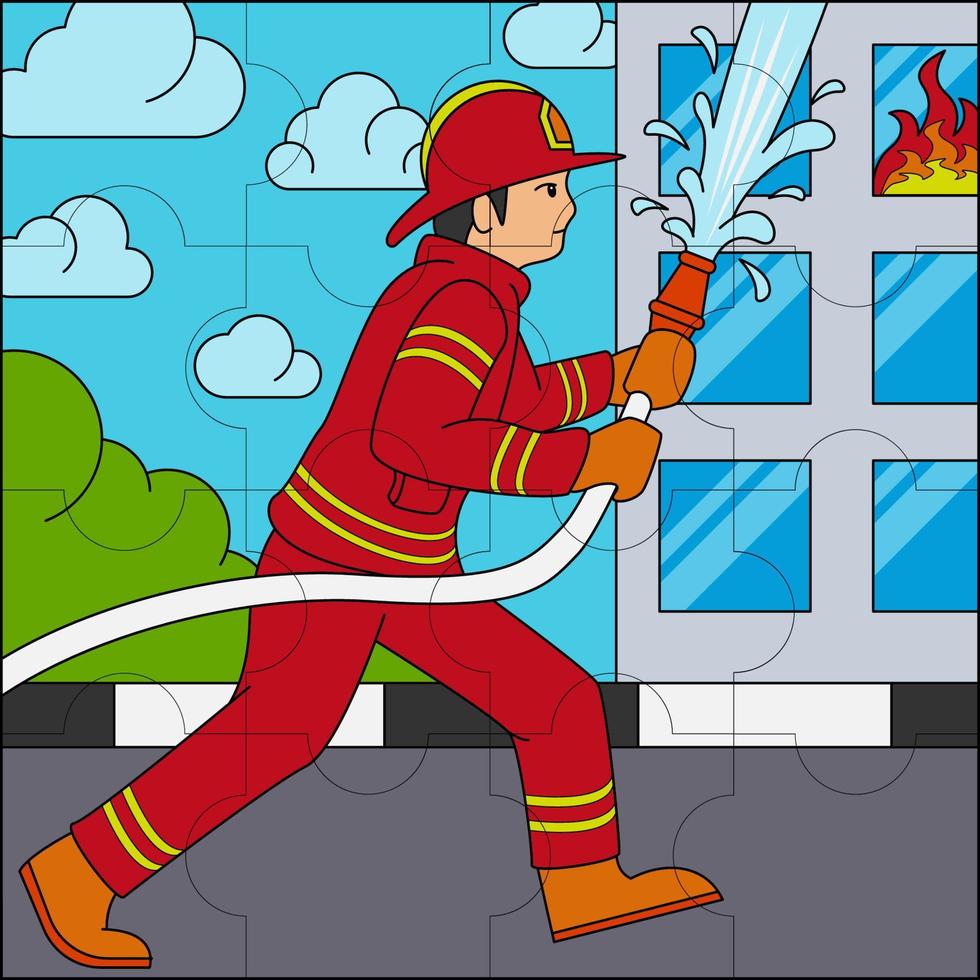 Firefighters extinguish the burning building suitable for children's puzzle vector illustration