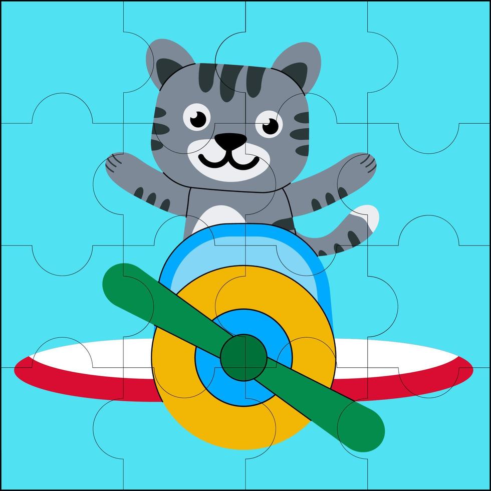 lindo gato volando en un avión, adecuado para ilustraciones de vectores de rompecabezas para niños