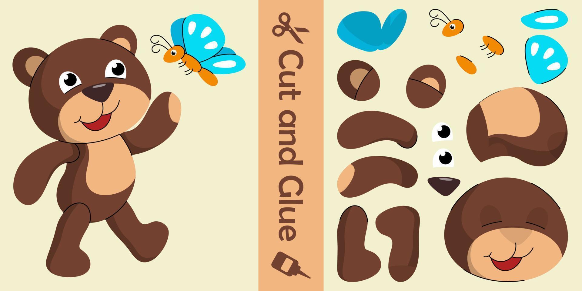 Cute bear and butterfly. education paper game for children. cut and glue. vector illustration