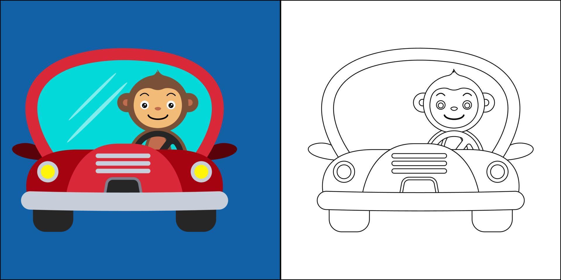 lindo mono conduciendo un coche adecuado para la ilustración de vector de página de color de los niños