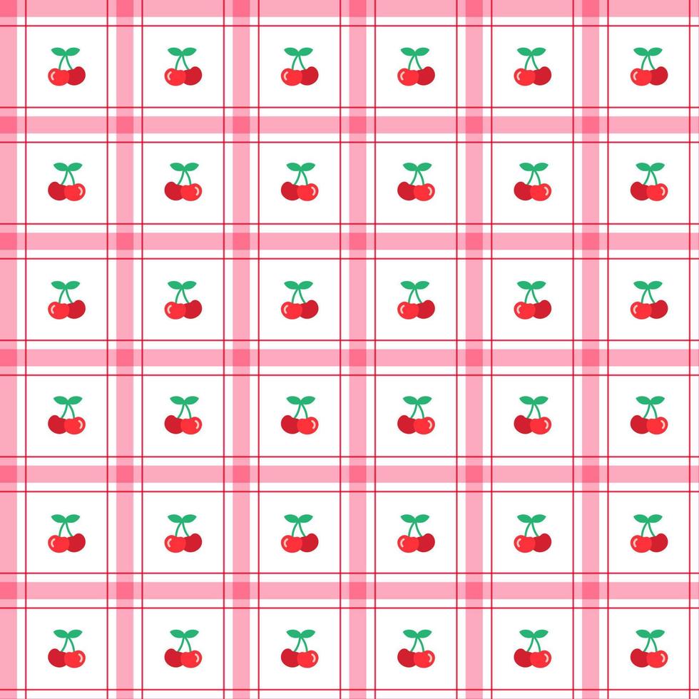 Cute Cherry leaf Fruit Element Red Green Stripe Striped Line Tilt Checkered Plaid Tartan Buffalo Scott Gingham Pattern Cartoon Vector Seamless Pattern Print Background Fashion Fabric Picnic