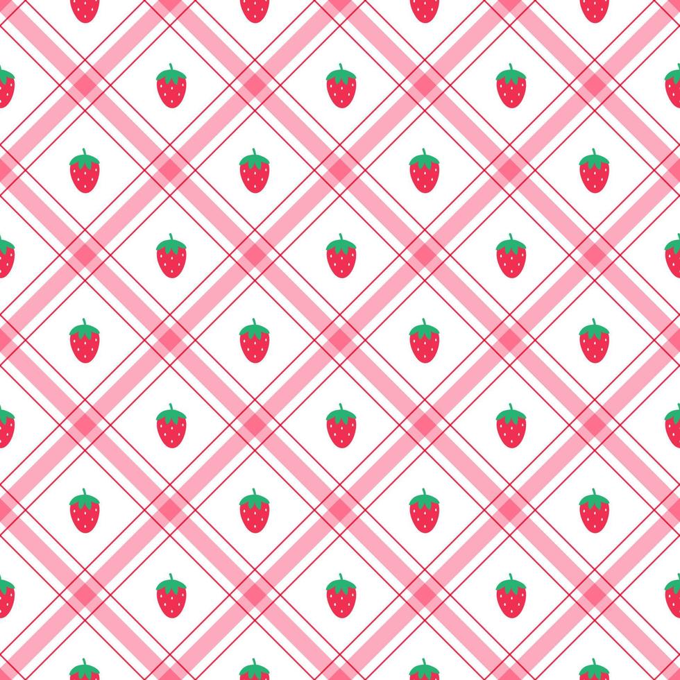 Cute Strawberry Red Fruit Element Red Green Diagonal Stripe Striped Line Tilt Checkered Plaid Tartan Buffalo Scott Gingham Pattern Flat Cartoon Vector Seamless Pattern Print Background Fashion Fabric
