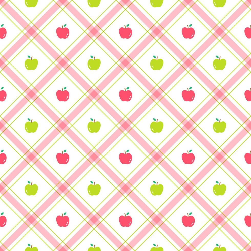 Cute Half Apple Fruit Vegetable Element Pink Red Green Diagonal Stripe Striped Line Tilt Checkered Plaid Tartan Buffalo Scott Gingham Pattern Flat Cartoon Vector Seamless Pattern Print Background Food