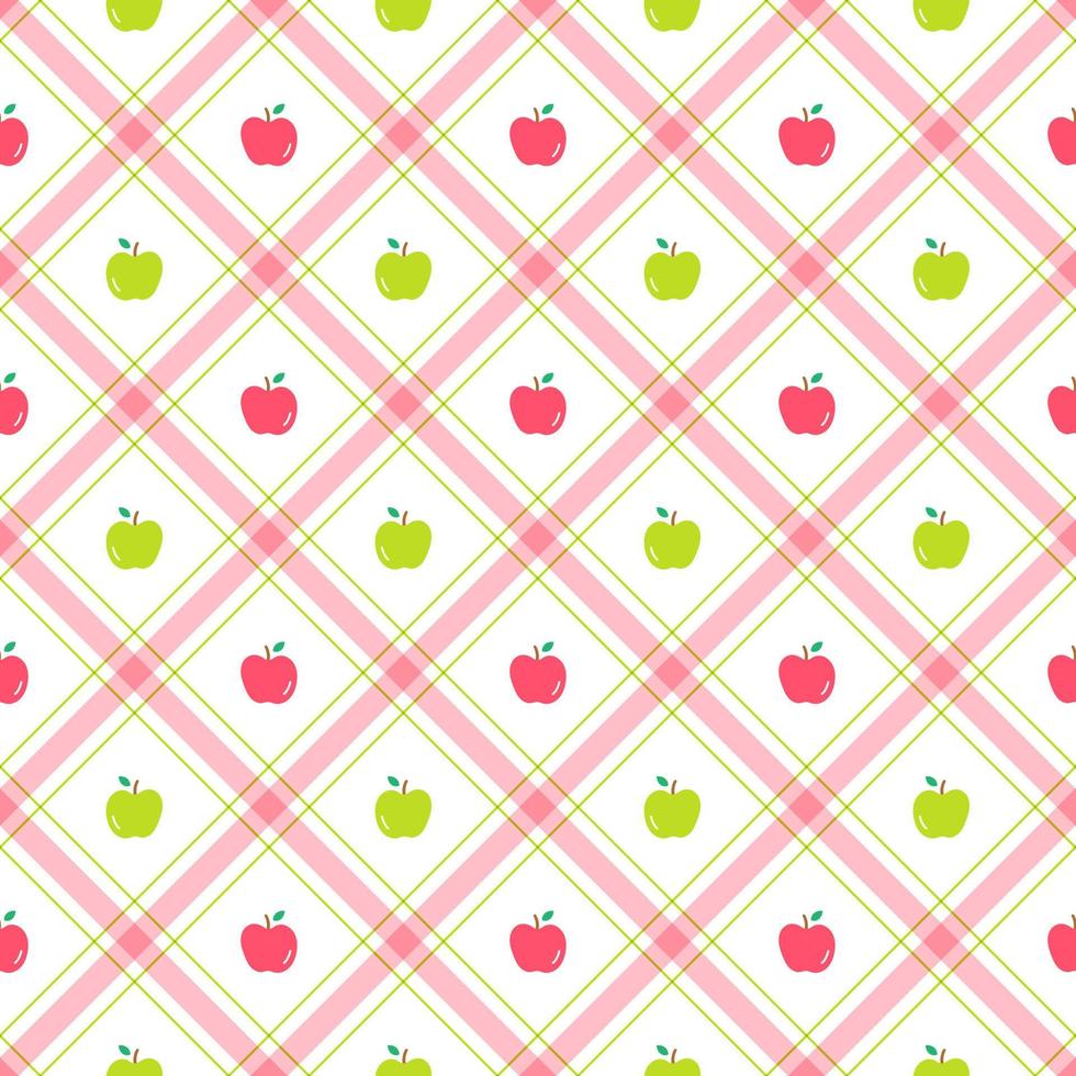 Cute Half Apple Fruit Vegetable Element Pink Red Green Diagonal Stripe Striped Line Tilt Checkered Plaid Tartan Buffalo Scott Gingham Pattern Flat Cartoon Vector Seamless Pattern Print Background Food