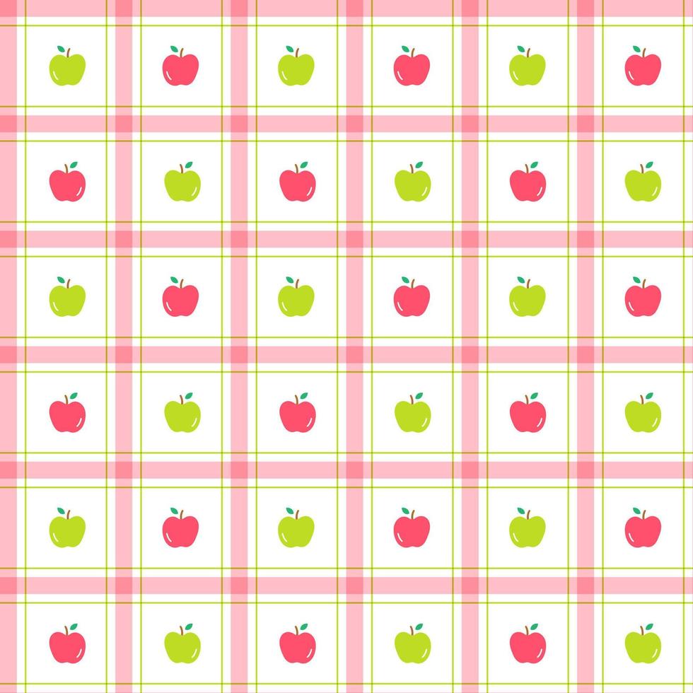 Cute Half Apple Fruit Vegetable Element Pink Red Green Stripe Striped Line Tilt Checkered Plaid Tartan Buffalo Scott Gingham Pattern Flat Cartoon Vector Seamless Pattern Print Background Food