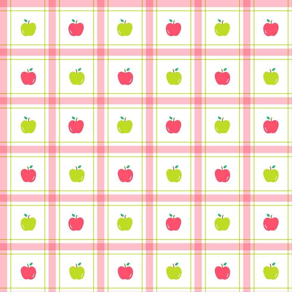 Cute Half Apple Fruit Vegetable Element Pink Red Green Stripe Striped Line Tilt Checkered Plaid Tartan Buffalo Scott Gingham Pattern Flat Cartoon Vector Seamless Pattern Print Background Food