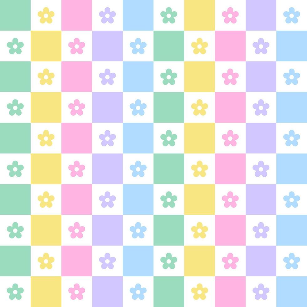 Pastel Rainbow Daisy Flower Bloom Check Checkered Gingham Pattern Illustration Wrapping Paper, Picnic Mat, Tablecloth, Fabric Background vector