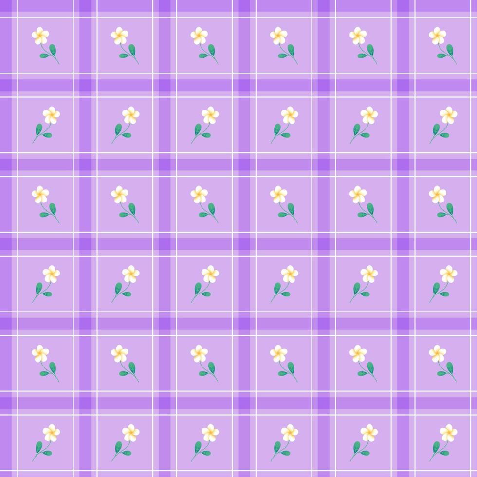 lindo frangipani plumeria elemento lila violeta púrpura raya línea rayada inclinación a cuadros cuadros tartán búfalo scott guinga patrón ilustración papel de regalo, alfombra de picnic, fondo de tela de mantel vector