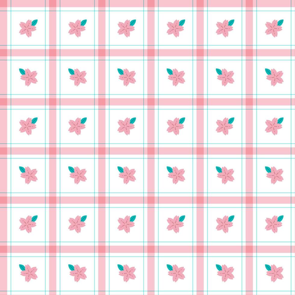 Cute Sakura leaf Element Pink Blue Stripe Striped Line Tilt Checkered Plaid Tartan Buffalo Scott Gingham Pattern Illustration Wrapping Paper, Picnic Mat, Tablecloth, Fabric Background vector