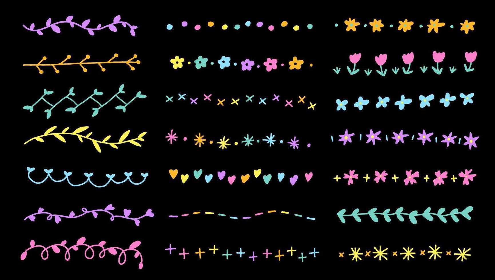 Set of Hand Drawing Drawn Flower Botanic Neon Abstract Doodle Line Laurel Borders Frames Dividers Wreath Collection Flat Style Rainbow Bright Colorful Black Background Vector Illustration Pack Element