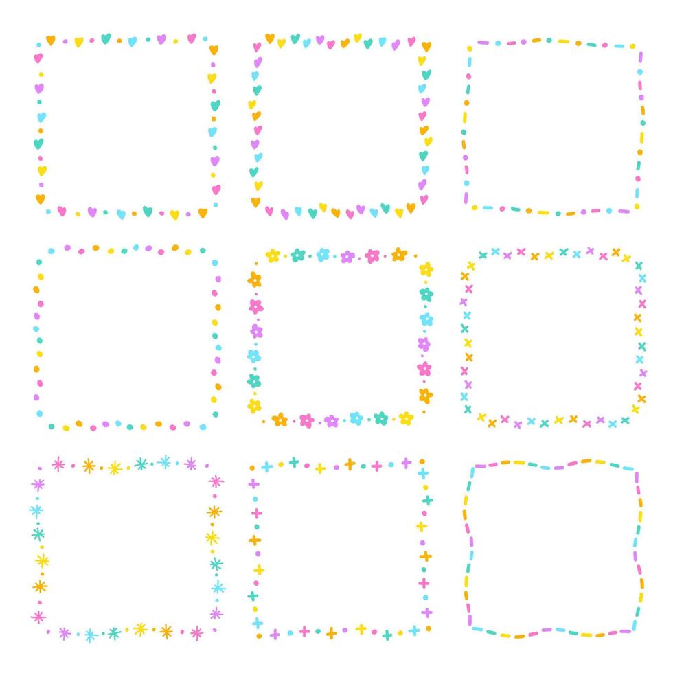 Cute Abstract Heart Flower Valentines Day Square Doodle Free Hand Drawing Drawn Line Borders Frames Wreath Plate Set Collection Flat Style Rainbow Colorful Background Vector Illustration Pack