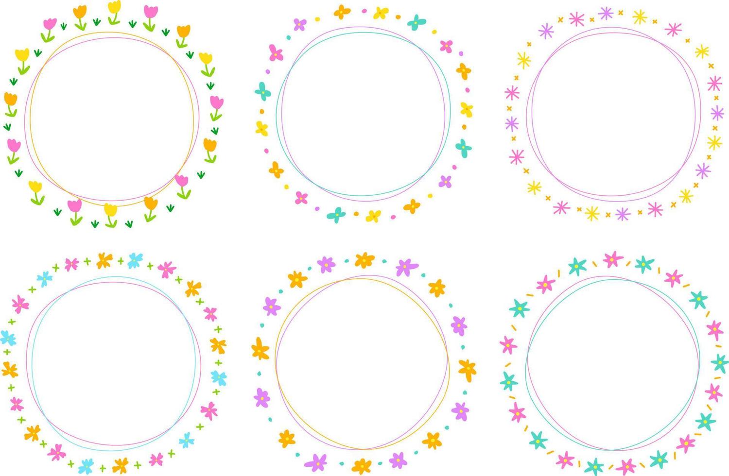 Cute Abstract Daisy Flower Circle Round Doodle Free Hand Drawing Drawn Line Borders Frames Wreath Plate Set Collection Flat Style Rainbow Colorful Background Vector Illustration Pack