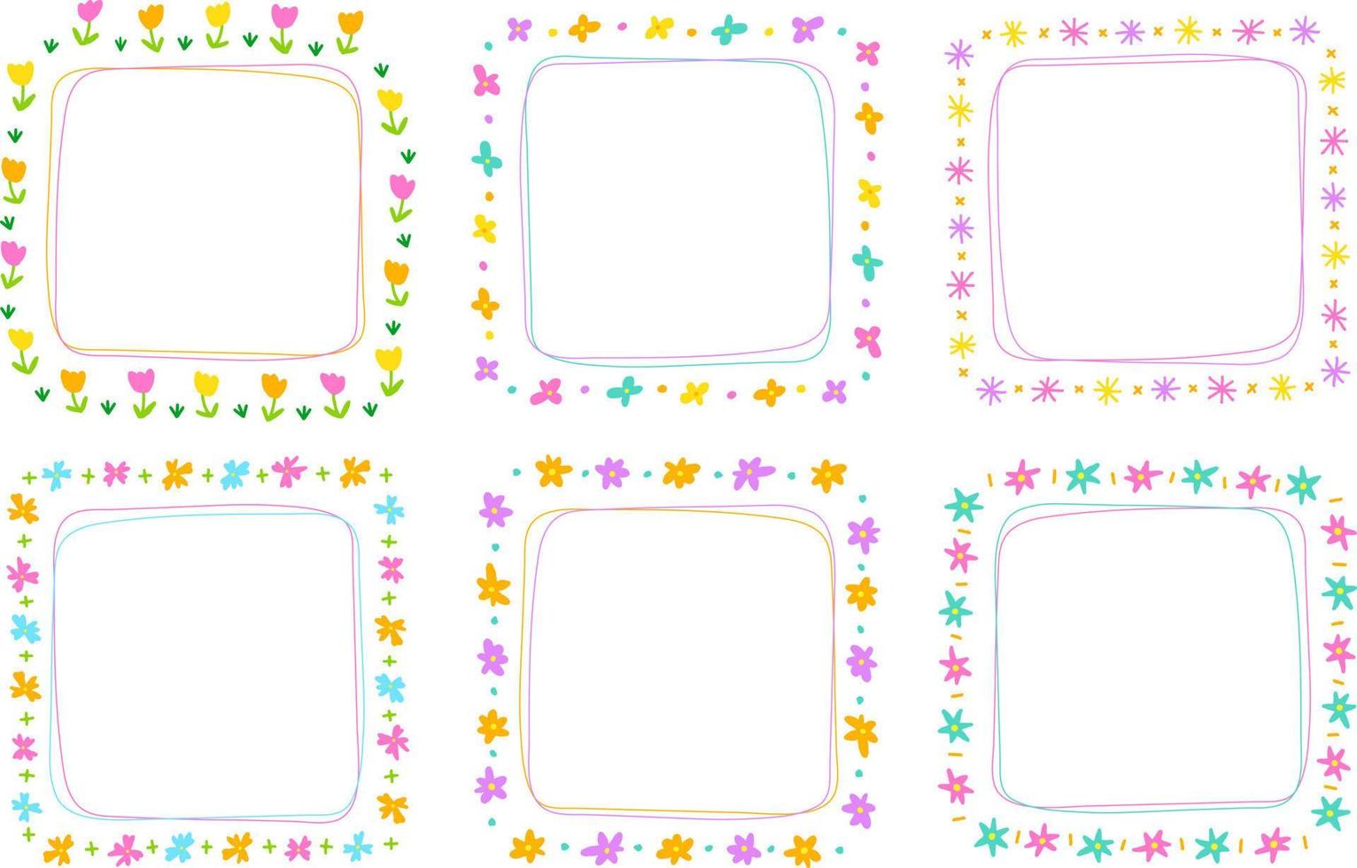 Cute Abstract Daisy Flower Square Doodle Free Hand Drawing Drawn Line Borders Frames Wreath Plate Set Collection Flat Style Rainbow Colorful Background Vector Illustration Pack