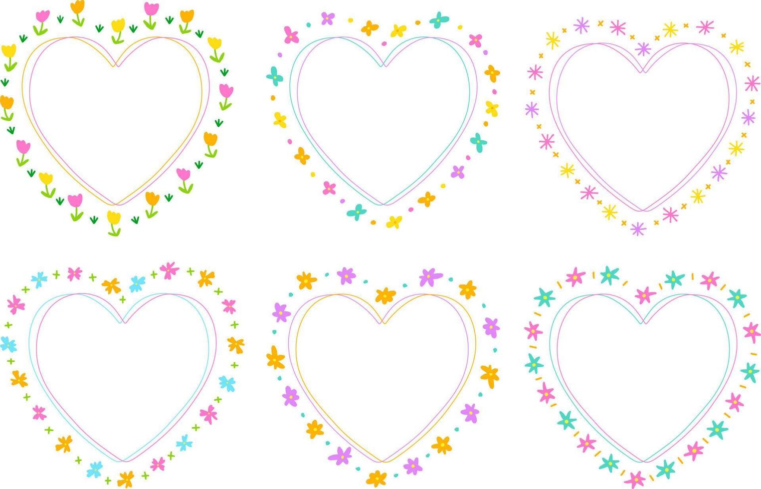 Cute Bright Abstract Heart Flower Shape Valentines Day Doodle Free Hand Drawing Drawn Line Borders Frames Wreath Plate Set Collection Flat Style Rainbow Colorful White Background Vector Illustration