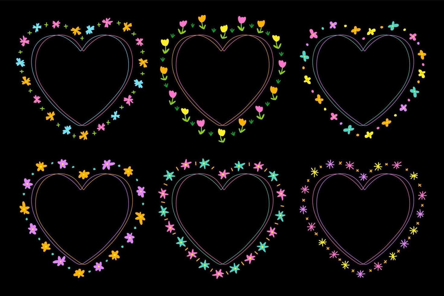 lindo neón abstracto corazón flor forma día de san valentín garabato dibujo a mano alzada línea dibujada bordes marcos corona placa conjunto colección estilo plano arco iris colorido fondo negro vector ilustración