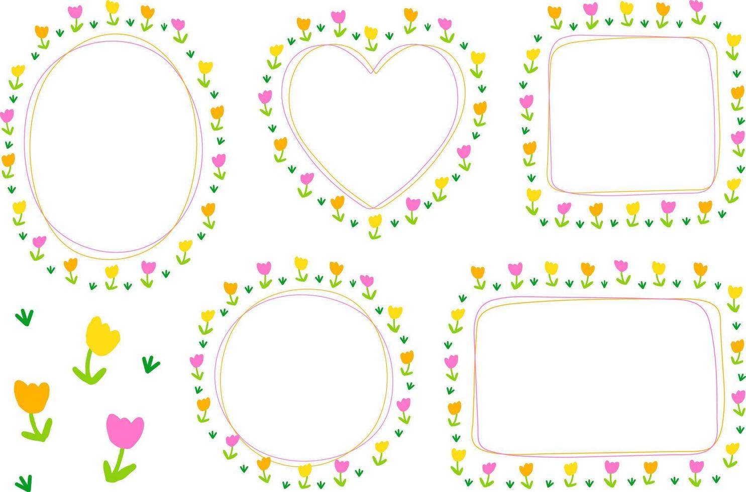 Abstract Bright Colorful Tulip Flower Doodle Hand Drawing Drawn Heart Circle Square Oval Rectangle Sticky note Shape Line Borders Frames Plate Set Collection Colorful Background Vector Illustration