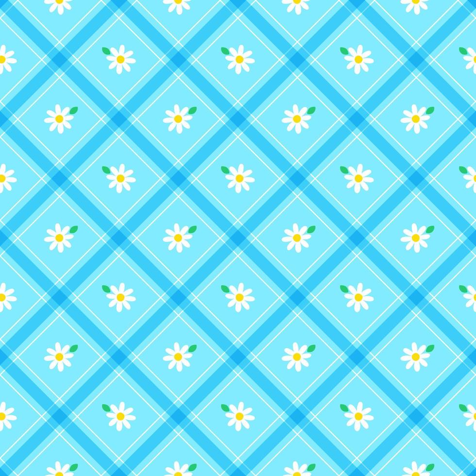 Cute White Daisy Flower Element Pastel Blue Green Diagonal Stripe Striped Line Tilt Checkered Plaid Tartan Buffalo Scott Gingham Pattern Flat Cartoon Vector Seamless Pattern Print Background Fashion