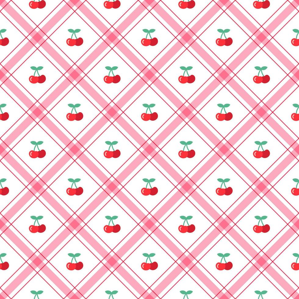 Cute Cherry leaf Fruit Element Red Green Diagonal Stripe Striped Line Tilt Checkered Plaid Tartan Buffalo Scott Gingham Pattern Cartoon Vector Seamless Pattern Print Background Fashion Fabric Picnic