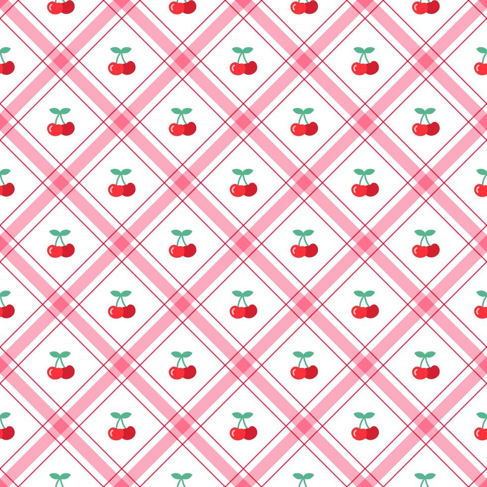 Cute Cherry leaf Fruit Element Red Green Diagonal Stripe Striped Line Tilt Checkered Plaid Tartan Buffalo Scott Gingham Pattern Cartoon Vector Seamless Pattern Print Background Fashion Fabric Picnic