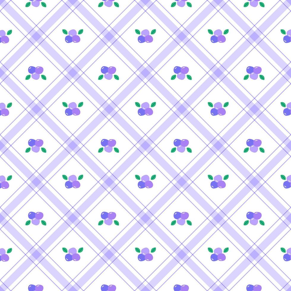 Cute Blueberry leaf Fruit Vegetable Element Purple Lilac Violet Green Diagonal Stripe Striped Line Tilt Checkered Plaid Tartan Buffalo Scott Gingham Pattern Flat Cartoon Vector Seamless Pattern Print