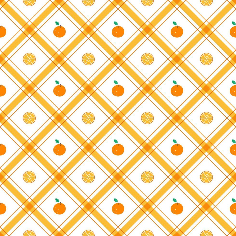 Cute Half Orange leaf Fruit Element Orange Green Diagonal Stripe Striped Line Tilt Checkered Plaid Tartan Buffalo Scott Gingham Pattern Flat Cartoon Vector Seamless Pattern Print Background Food