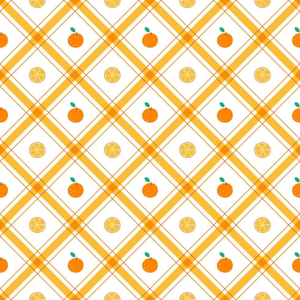 Cute Half Orange leaf Fruit Element Orange Green Diagonal Stripe Striped Line Tilt Checkered Plaid Tartan Buffalo Scott Gingham Pattern Flat Cartoon Vector Seamless Pattern Print Background Food