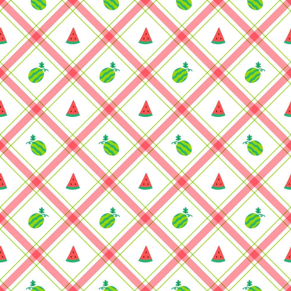 Cute Watermelon Fruit Element Red Green Diagonal Stripe Striped Line Tilt Checkered Plaid Tartan Buffalo Scott Gingham Pattern Flat Cartoon Vector Seamless Pattern Print Background Food