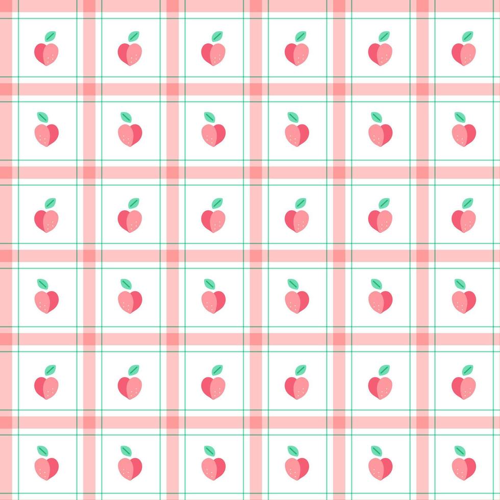 Cute Peach Fruit Element Peach Old rose Pink Green Stripe Striped Line Tilt Checkered Plaid Tartan Buffalo Scott Gingham Pattern Flat Cartoon Vector Seamless Pattern Print Background Food