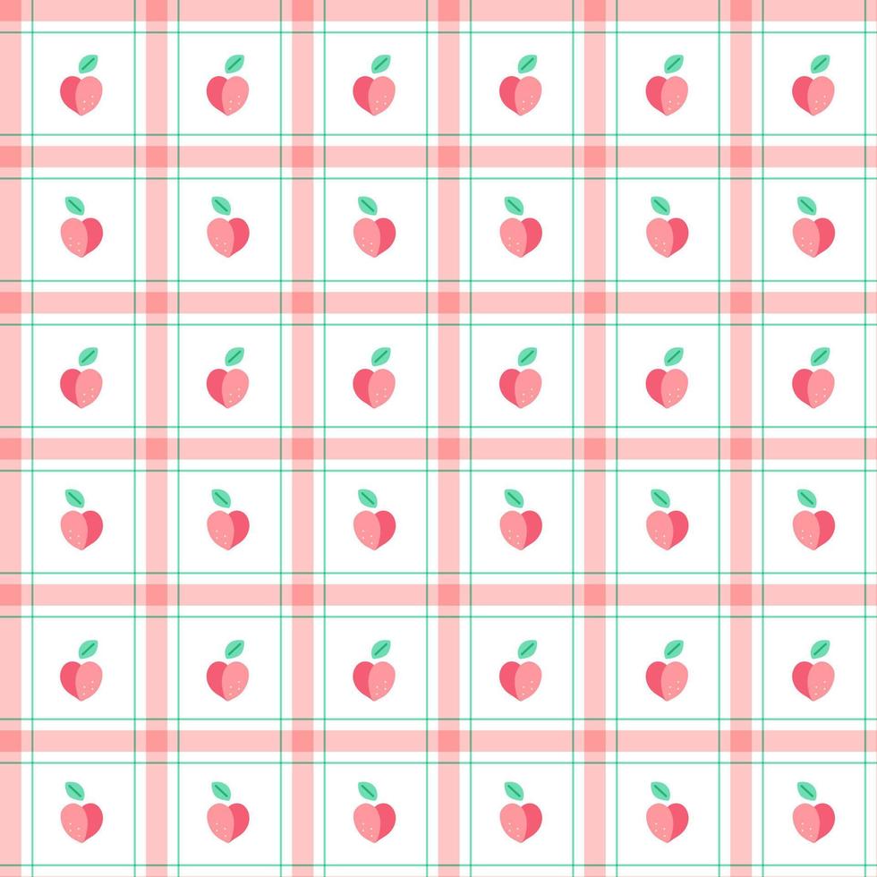 Cute Peach Fruit Element Peach Old rose Pink Green Stripe Striped Line Tilt Checkered Plaid Tartan Buffalo Scott Gingham Pattern Flat Cartoon Vector Seamless Pattern Print Background Food