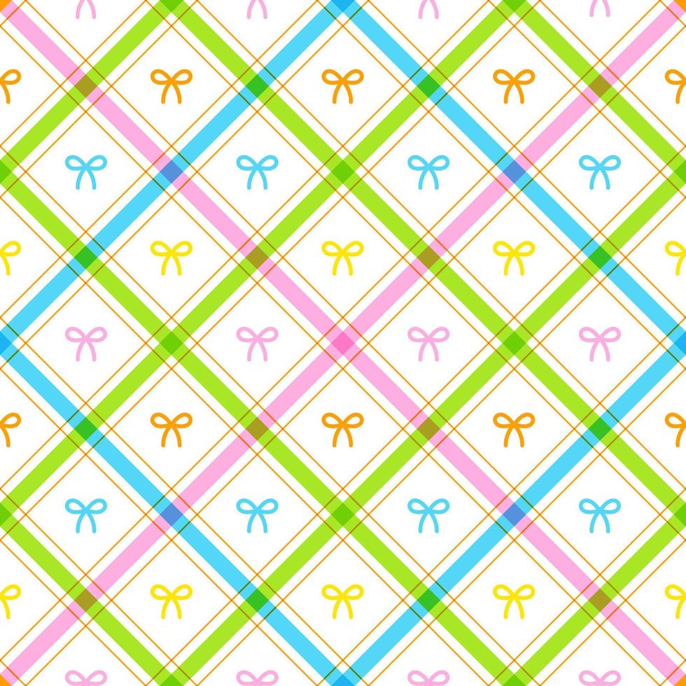 Cute Ribbon Bow Box Gift Element Rainbow Pastel Diagonal Stripe Striped Line Tilt Checkered Plaid Tartan Buffalo Scott Gingham PatternCartoon Vector Seamless Pattern Print Background