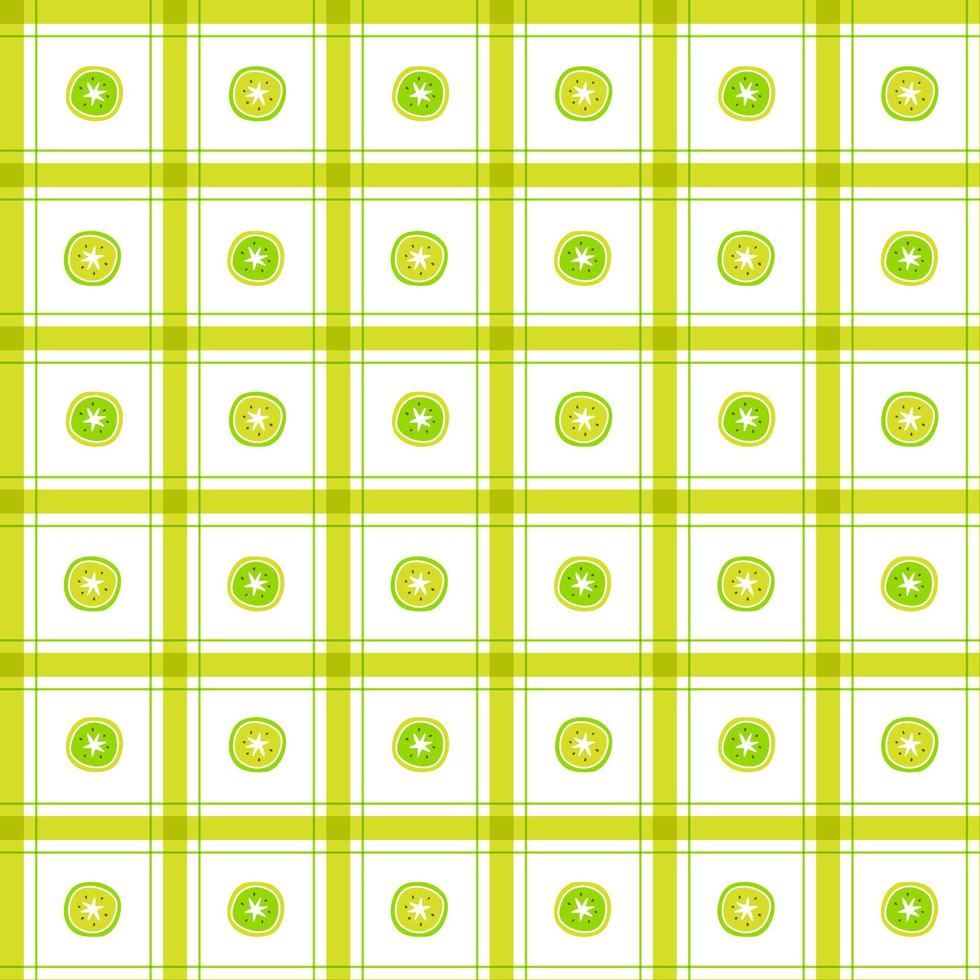 Cute Kiwi Half Fruit Element Gold Yellow Green Stripe Striped Line Tilt Checkered Plaid Tartan Buffalo Scott Gingham Pattern Illustration Wrapping Paper, Picnic Mat, Tablecloth, Fabric Background vector
