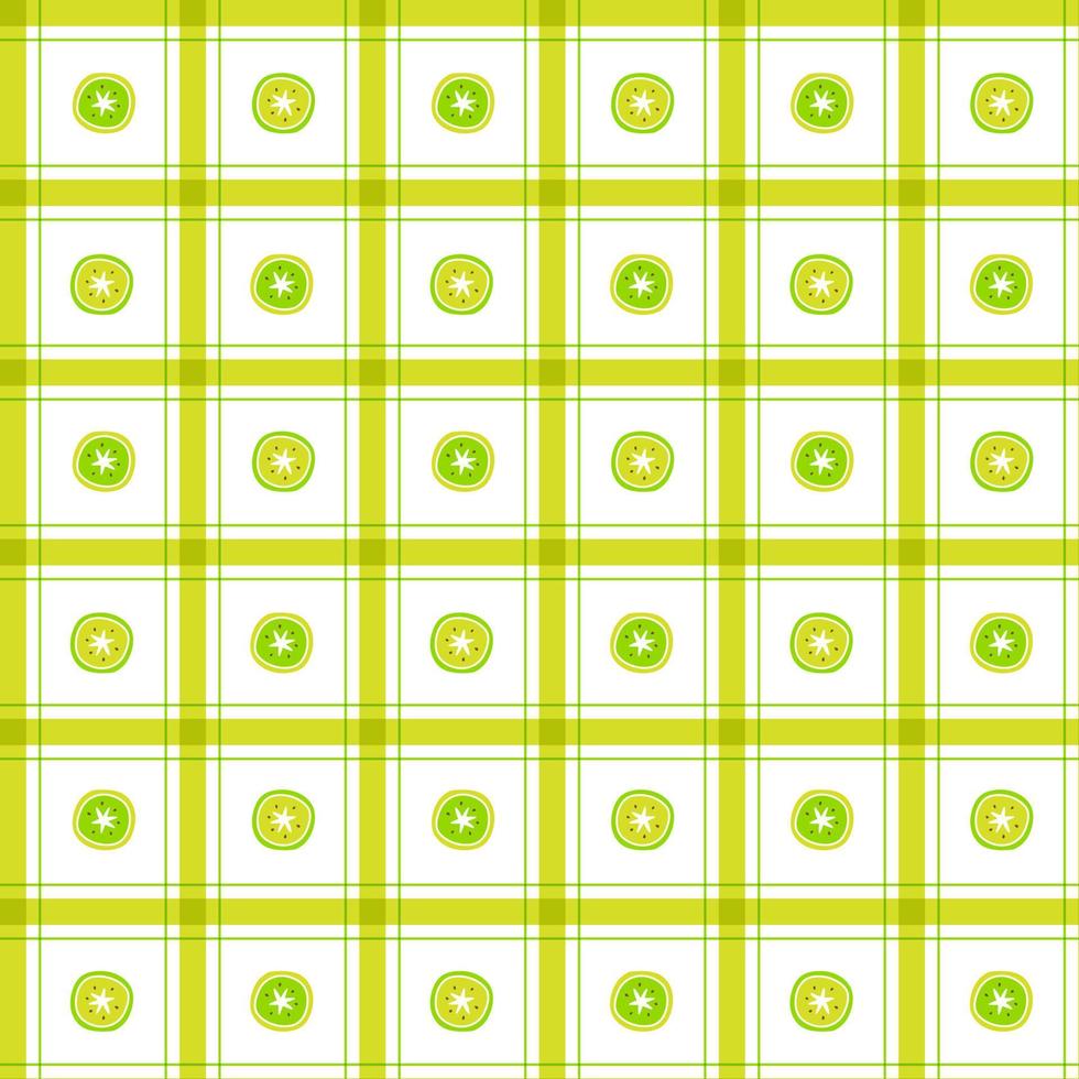 lindo kiwi mitad fruta elemento oro amarillo verde raya línea rayada inclinación a cuadros tartán búfalo scott gingham patrón ilustración papel de regalo, alfombra de picnic, mantel, fondo de tela vector