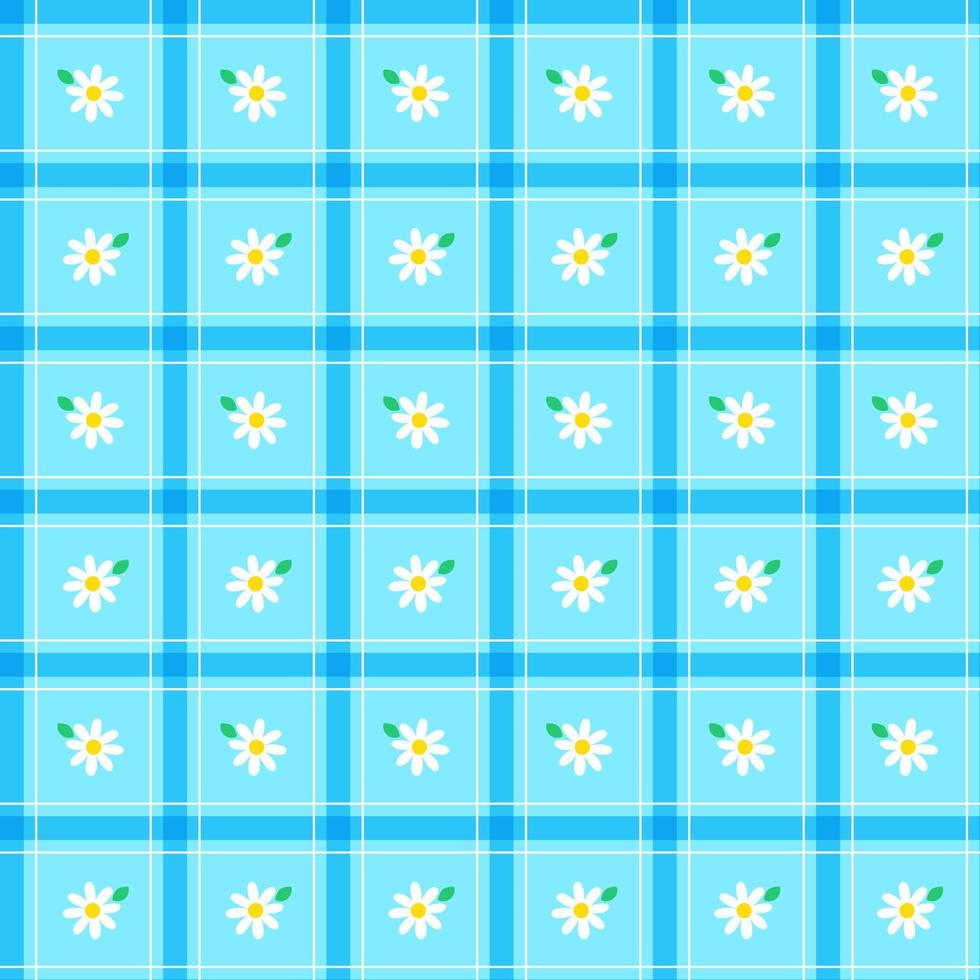 Cute White Daisy Flower Element Pastel Blue Green Stripe Striped Line Tilt Checkered Plaid Tartan Buffalo Scott Gingham Pattern Illustration Wrapping Paper, Picnic Mat, Tablecloth, Fabric Background vector