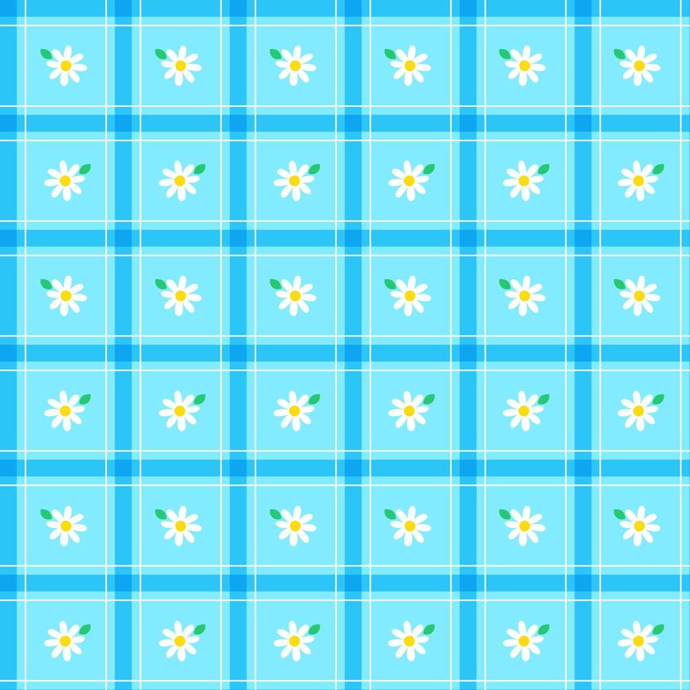 Cute White Daisy Flower Element Pastel Blue Green Stripe Striped Line Tilt Checkered Plaid Tartan Buffalo Scott Gingham Pattern Illustration Wrapping Paper, Picnic Mat, Tablecloth, Fabric Background vector