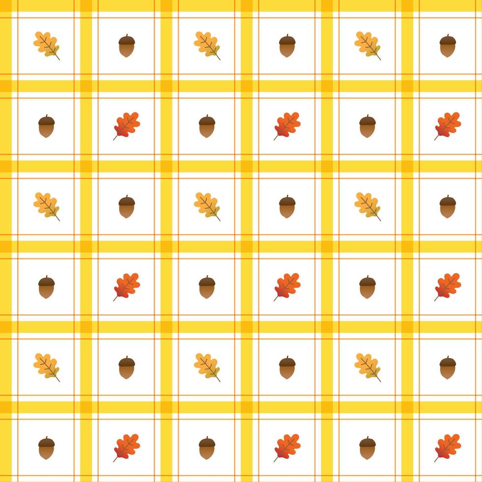 Cute Oak Leaf Acorn Autumn Fall Element Red Yellow Orange Brown Stripe Striped Line Tilt Checkered Plaid Tartan Scott GinghamPattern Illustration Wrapping Paper, Picnic Mat, Tablecloth, Fabric BG vector