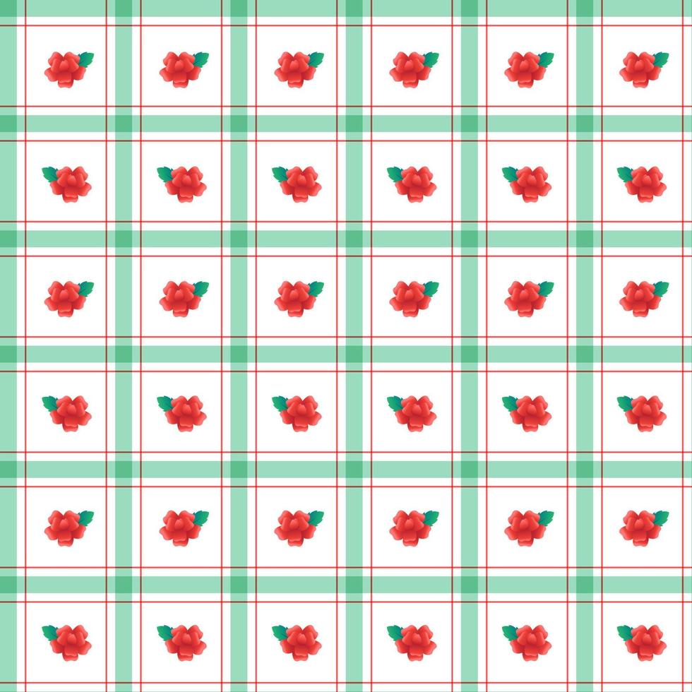 Cute Red Rose leaf Element Red Green Stripe Striped Line Tilt Checkered Plaid Tartan Buffalo Scott Gingham Pattern Pattern Illustration Wrapping Paper, Picnic Mat, Tablecloth, Fabric, Wrapping Paper vector