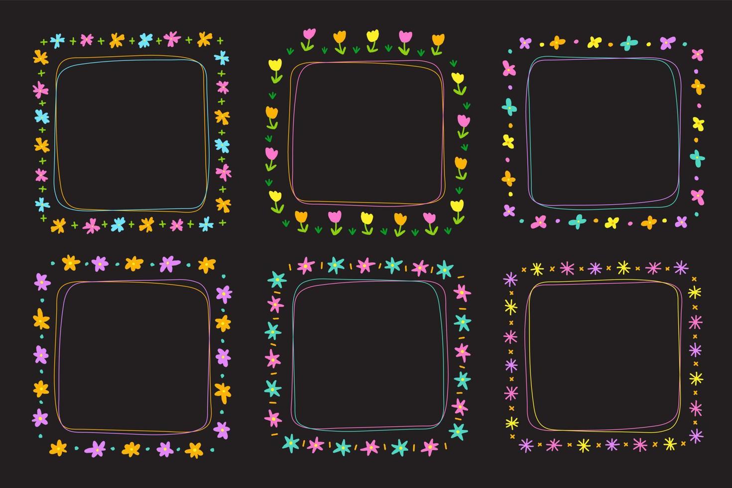 Cute Neon Abstract Daisy Flower Square Doodle Free Hand Drawing Drawn Line Borders Frames Wreath Plate Set Collection Flat Style Rainbow Colorful Black Background Vector Illustration Pack