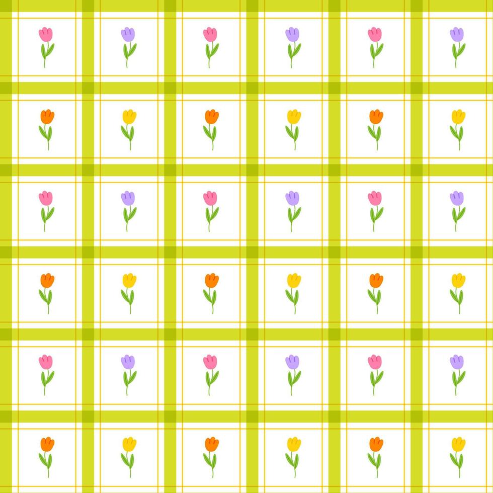 Cute Tulip leaf Branch Stalk Stick Element Pink Purple Lilac Violet Yellow Orange Green Stripe Striped Line Tilt Checkered Plaid Tartan Buffalo Scott GinghamPattern Illustration Wrapping Paper, Picnic vector