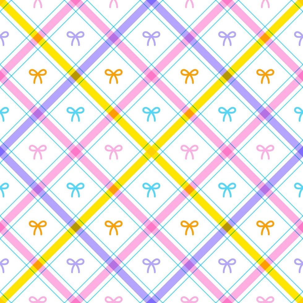 Cute Ribbon Bow Present Gift Box Element Rainbow Green Pink Yellow Orange Blue Pastel Diagonal Stripe Striped Line Tilt Checkered Plaid Tartan Buffalo Scott GinghamPattern Illustration Wrapping Paper vector