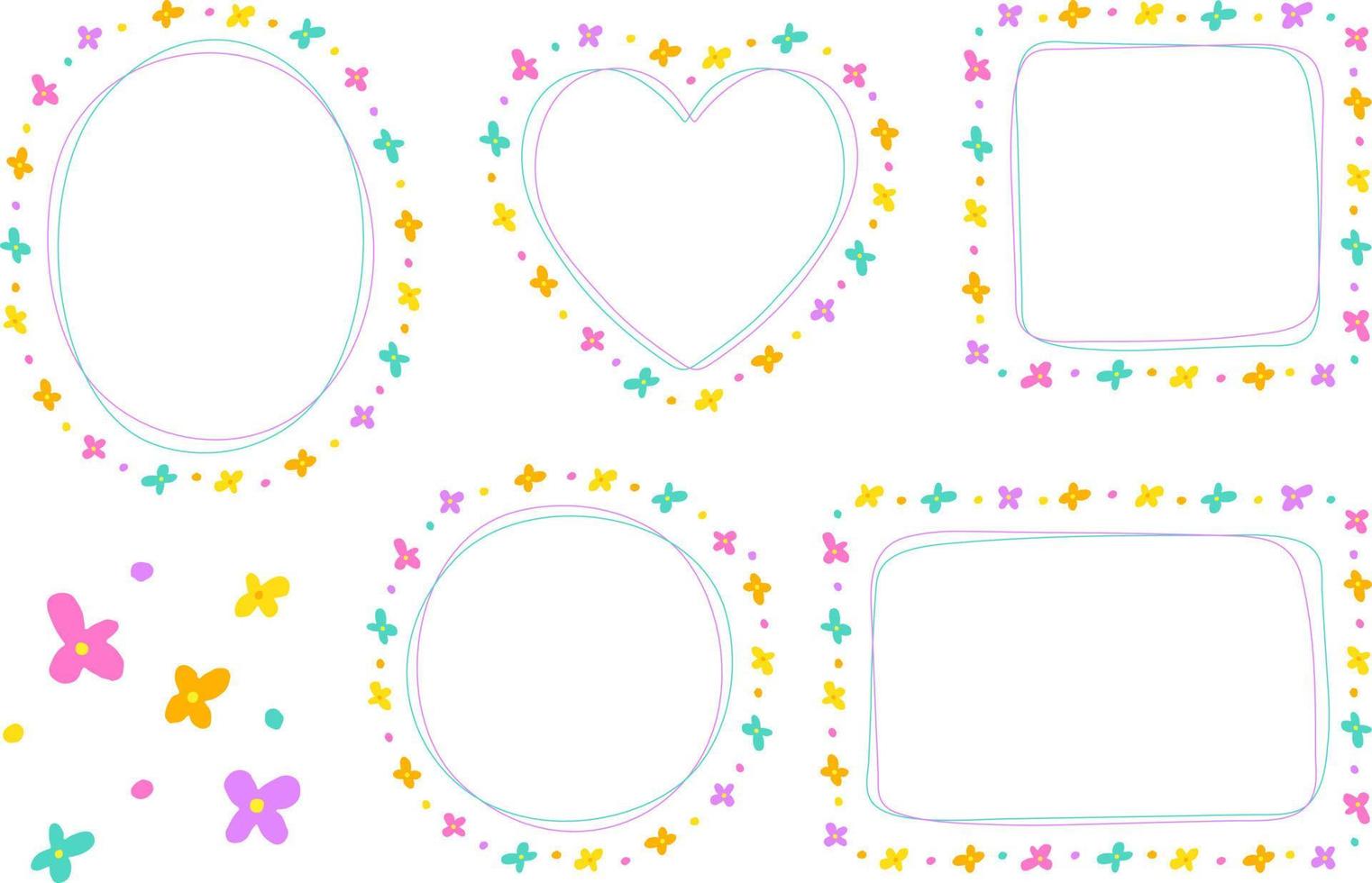 Abstract Bright Colorful Daisy Flower Doodle Hand Drawing Drawn Heart Circle Square Oval Rectangle Sticky note Shape Line Borders Frames Plate Set Collection Colorful Background Vector Illustration