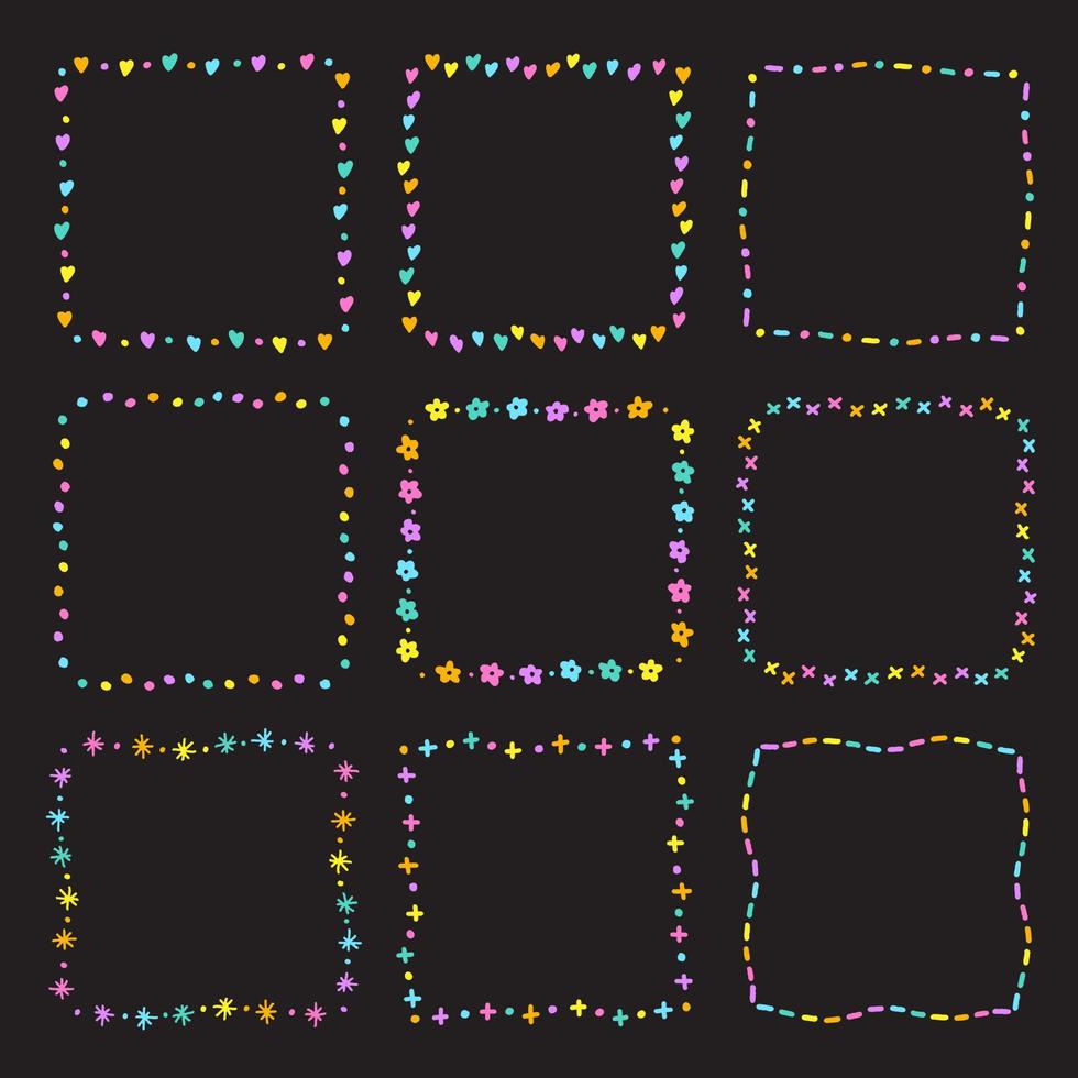 Cute Neon Abstract Heart Flower Valentines Day Square Doodle Free Hand Drawing Drawn Line Borders Frames Wreath Plate Set Collection Flat Style Rainbow Colorful Black Background Vector Illustration
