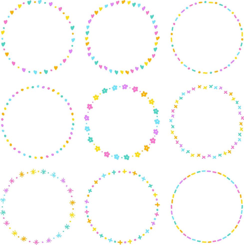 Cute Abstract Heart Flower Valentines Day Circle Round Doodle Free Hand Drawing Drawn Line Borders Frames Wreath Plate Set Collection Flat Style Rainbow Colorful Background Vector Illustration Pack