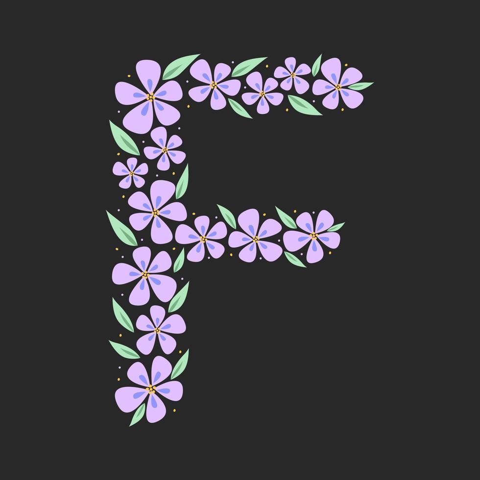 alfabeto botánico floral. letra f dibujada a mano vintage. carta con plantas y flores. letras vectoriales aisladas en blanco vector