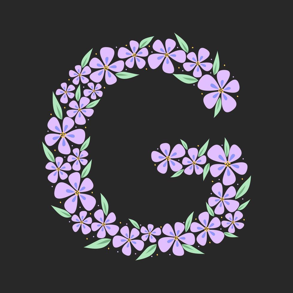 Floral botanical alphabet. Vintage hand drawn monogram letter G. Letter with plants and flowers. Vector lettering isolated on white