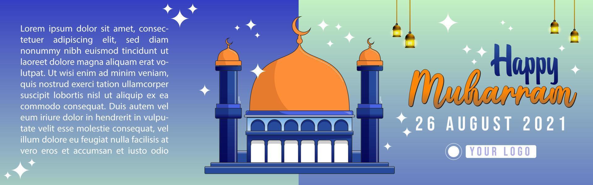 Muharram banner landscape blue background and mosque vector
