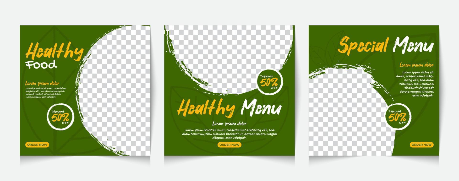 establezca un diseño de plantilla de póster para publicar alimentos saludables en las redes sociales. adecuado para publicaciones publicitarias de restaurantes y promociones culinarias digitales vector