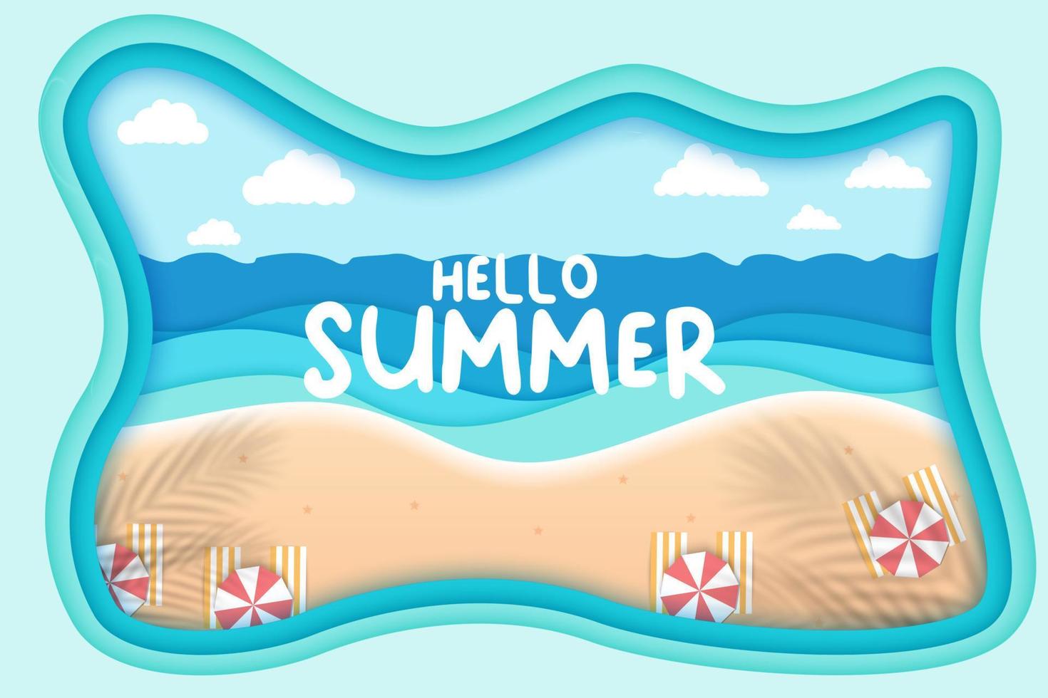 View of the beach in summer with a paper cut frame.blue sea view.summer time paper pieces and craft styles. vector