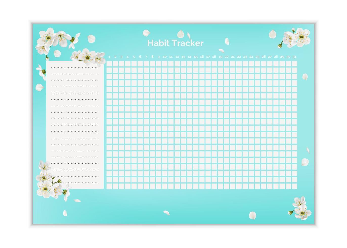 Habit tracker blank page A4. Business organizer schedule page for for effective planning. Bullet journal template. Monthly planer. Printable diary, for important goals. Elegant cute blue spring flower vector