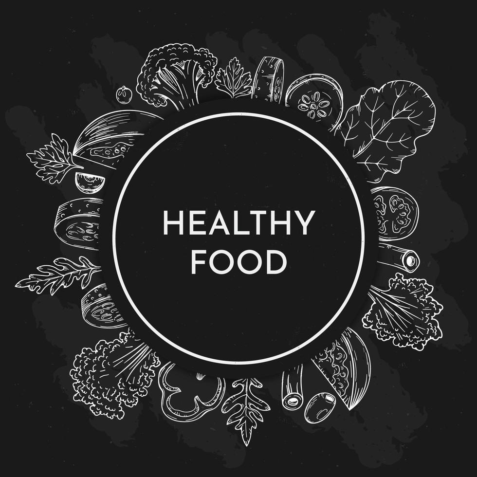 Vegetable Illustration vector food design template. Farm grown vegan organic tomato, garlic, pepper. Vintage hand drawn vegetables sketch grunge blackboard background banner.