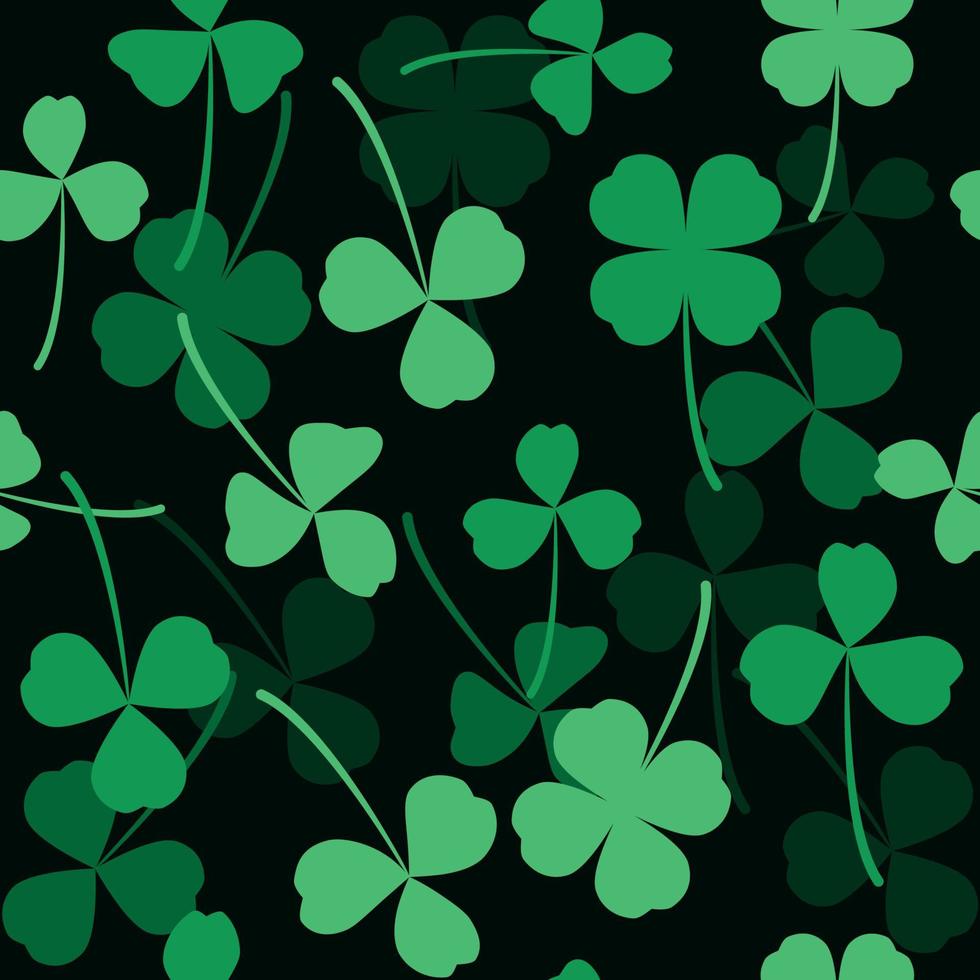 Green dark pattern clover leaf seamless vector shamrock template for St. Patrick's day. Texture clover three and four leaves good luck.